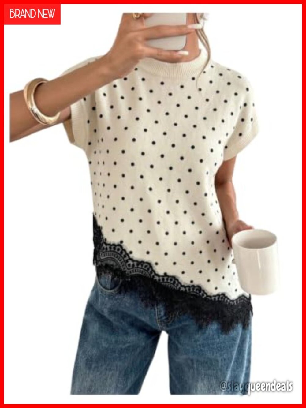 Polka Dots Lace Trim Short Sleeve Sweater Vest Knit Top